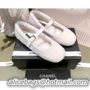 Top Quality Chanel Shearling Mary Janes Flats 112221 White