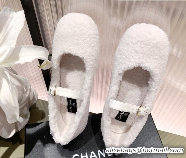 Top Quality Chanel Shearling Mary Janes Flats 112221 White