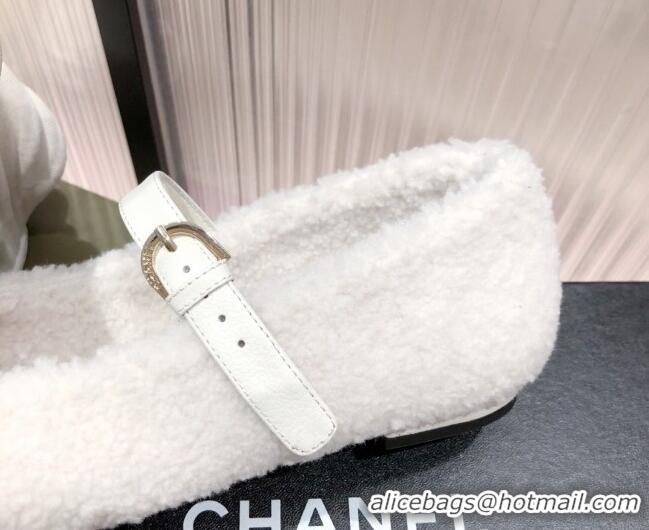 Top Quality Chanel Shearling Mary Janes Flats 112221 White