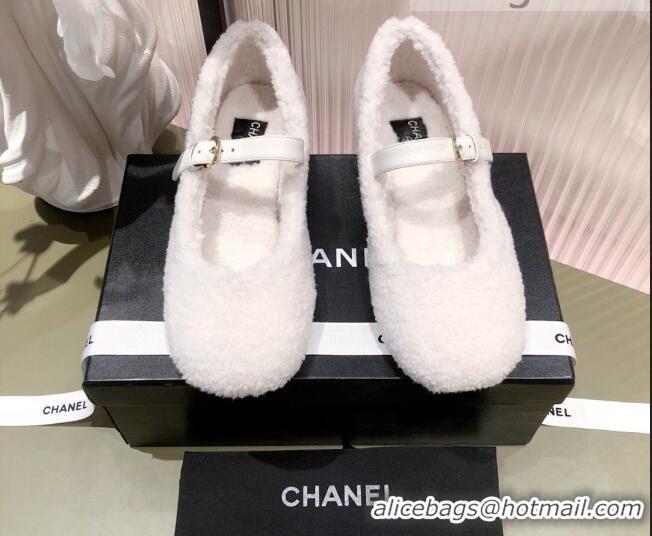 Top Quality Chanel Shearling Mary Janes Flats 112221 White