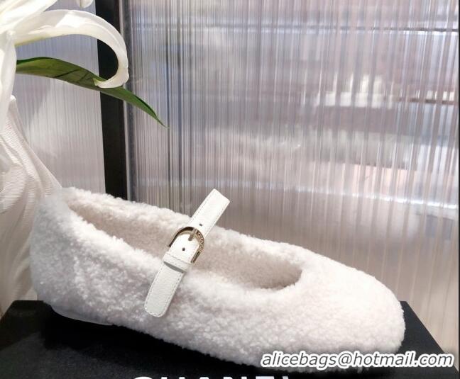 Top Quality Chanel Shearling Mary Janes Flats 112221 White