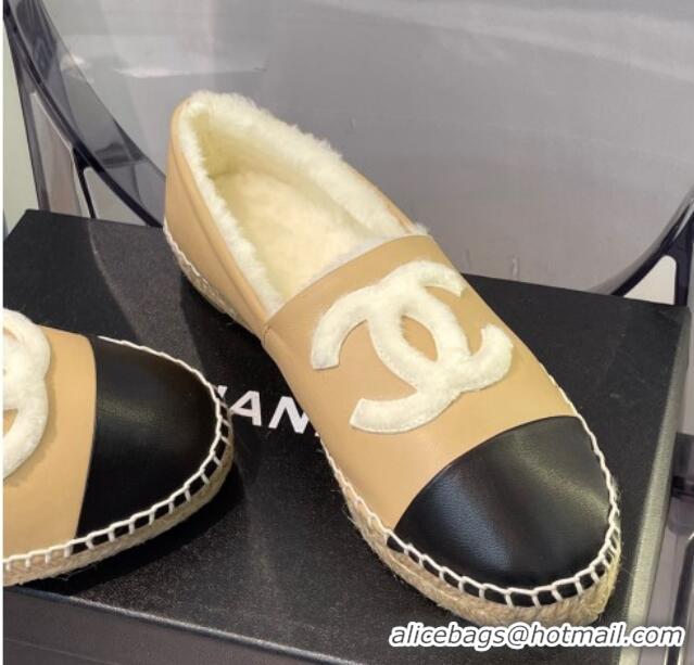 Discount Chanel Leather Wool Espadrilles 112226 Beige/White