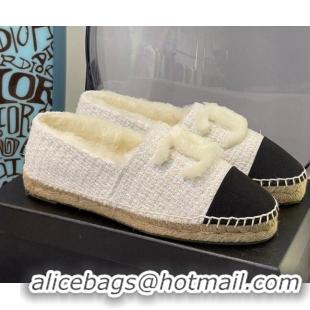 Top Grade Chanel Tweed Wool Espadrilles 112228 White/Black