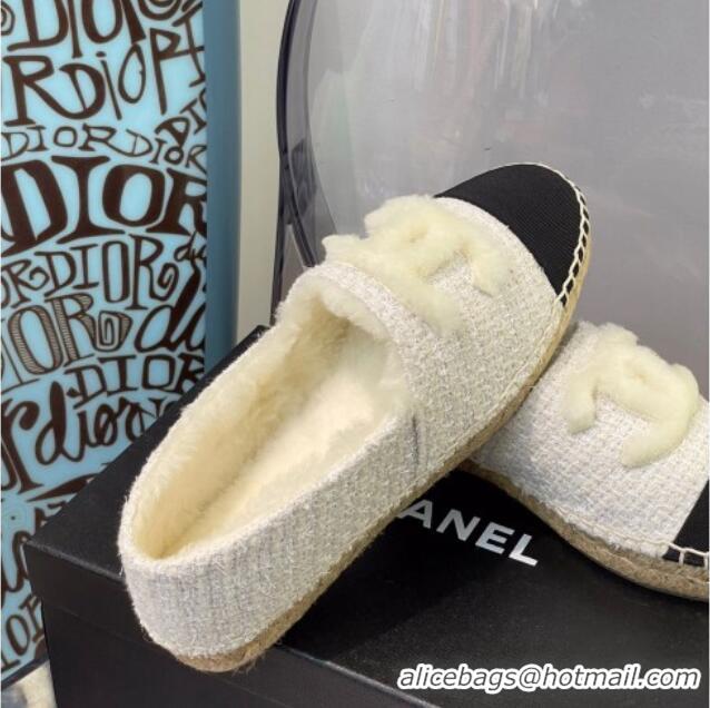 Top Grade Chanel Tweed Wool Espadrilles 112228 White/Black