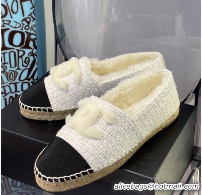 Top Grade Chanel Tweed Wool Espadrilles 112228 White/Black