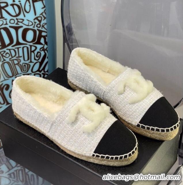 Top Grade Chanel Tweed Wool Espadrilles 112228 White/Black