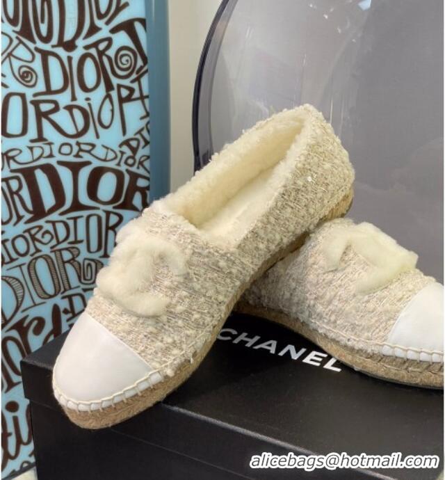 Unique Style Chanel Tweed Wool Espadrilles 112229 Beige/White