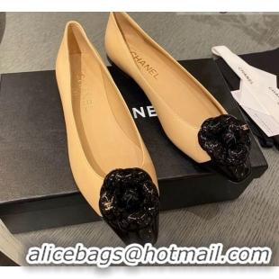 Best Price Chanel Leather Camellia Bloom Ballerinas 112233 Beige/Black