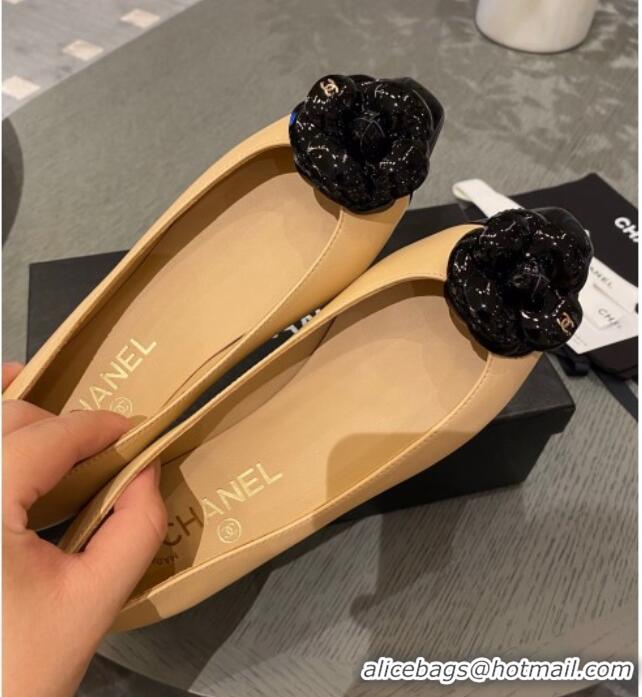 Best Price Chanel Leather Camellia Bloom Ballerinas 112233 Beige/Black