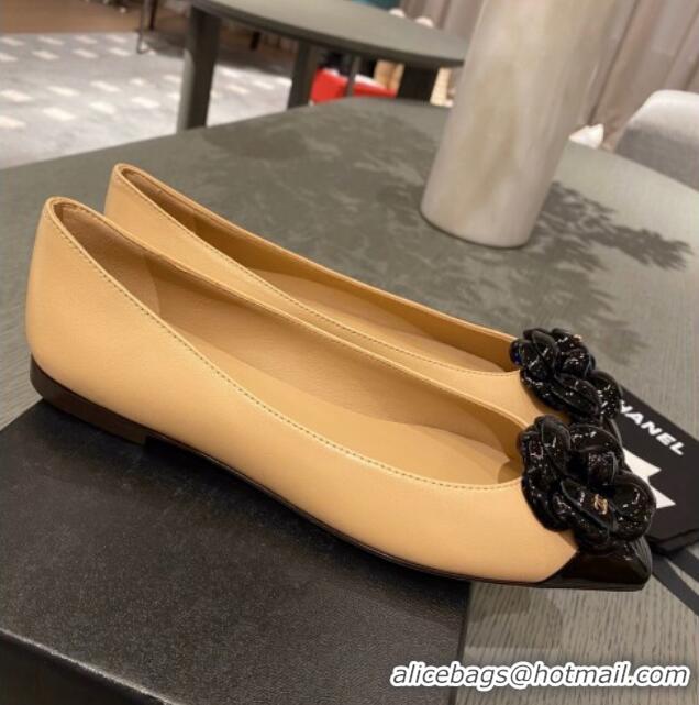 Best Price Chanel Leather Camellia Bloom Ballerinas 112233 Beige/Black