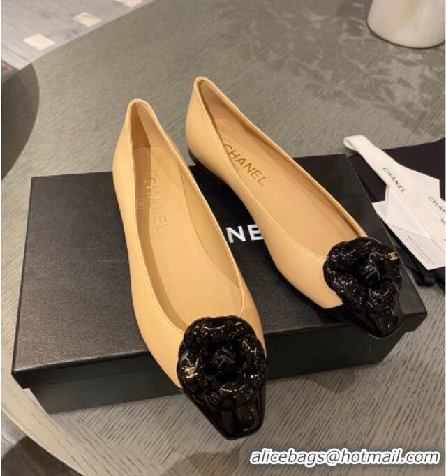 Best Price Chanel Leather Camellia Bloom Ballerinas 112233 Beige/Black