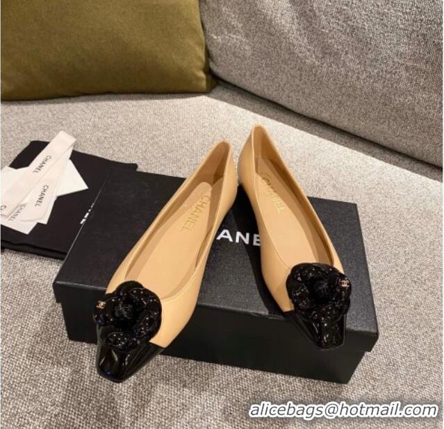 Best Price Chanel Leather Camellia Bloom Ballerinas 112233 Beige/Black