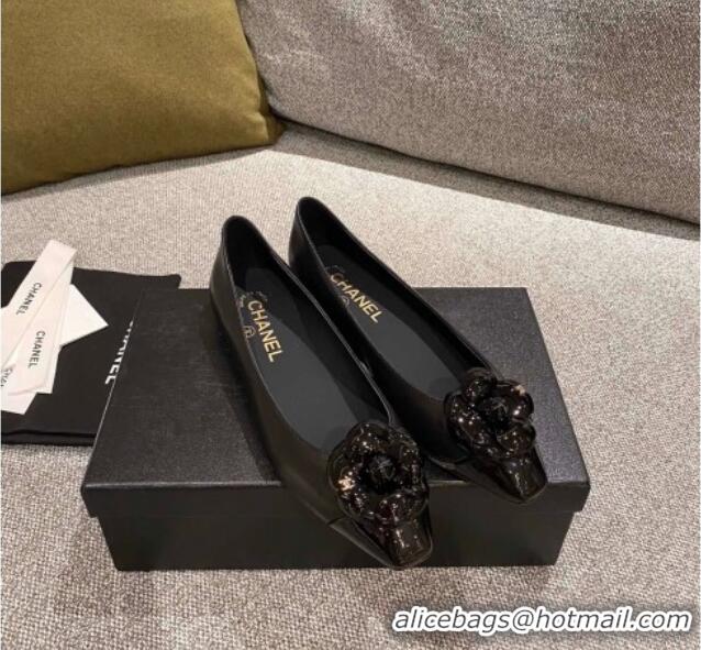 Reasonable Price Chanel Leather Camellia Bloom Ballerinas 112233 Black