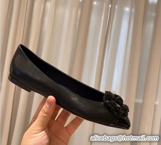 Reasonable Price Chanel Leather Camellia Bloom Ballerinas 112233 Black