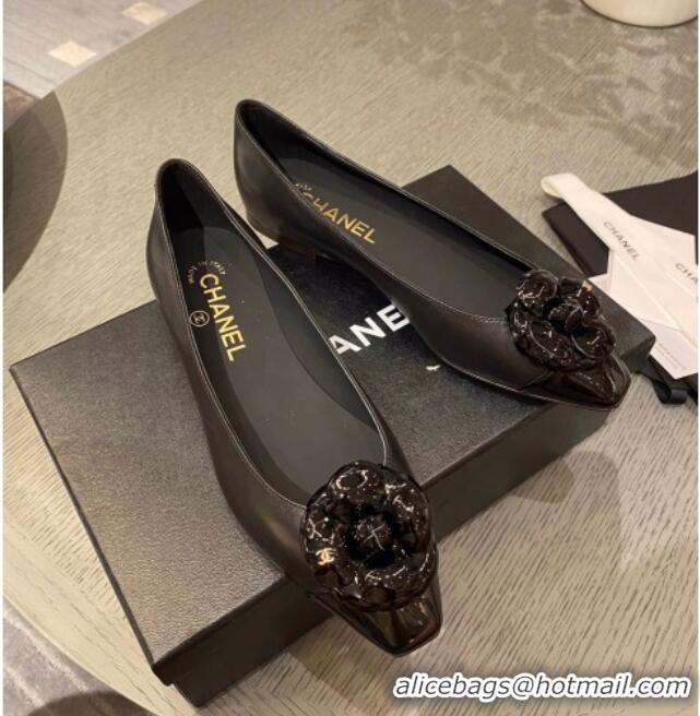 Reasonable Price Chanel Leather Camellia Bloom Ballerinas 112233 Black