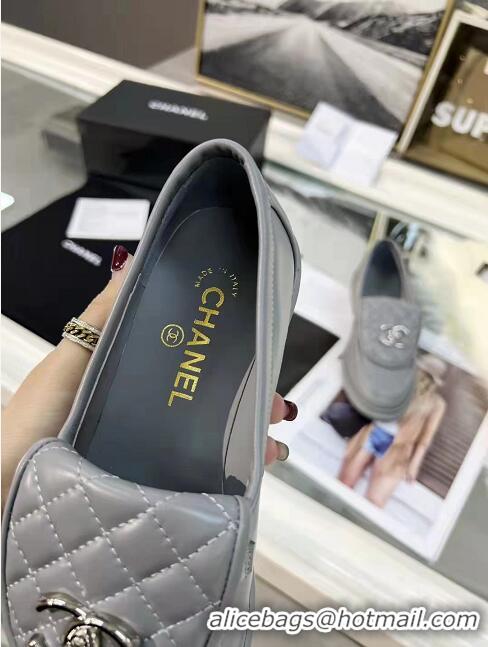 Top Grade Chanel Leather Loafers with CC Foldover 111709 Dark Grey