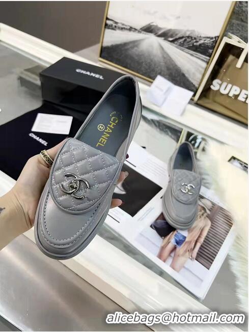 Top Grade Chanel Leather Loafers with CC Foldover 111709 Dark Grey