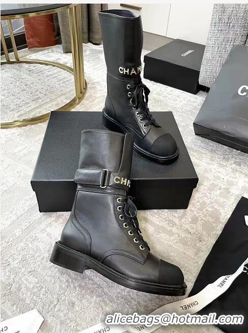 New Discount Chanel Calfskin & Knit Lace-up Ankle Boots G38218 Black 2021