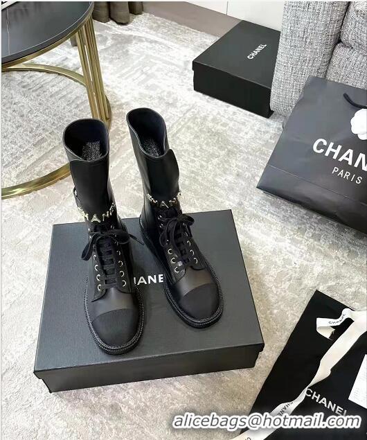 New Discount Chanel Calfskin & Knit Lace-up Ankle Boots G38218 Black 2021