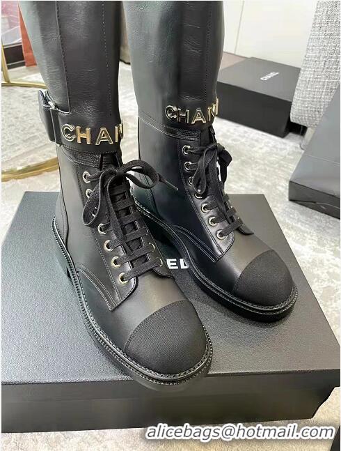 New Discount Chanel Calfskin & Knit Lace-up Ankle Boots G38218 Black 2021