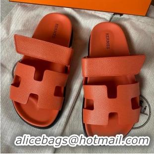 High Quality Hermes Chypre Leather Flat Sandals H8951 Orange