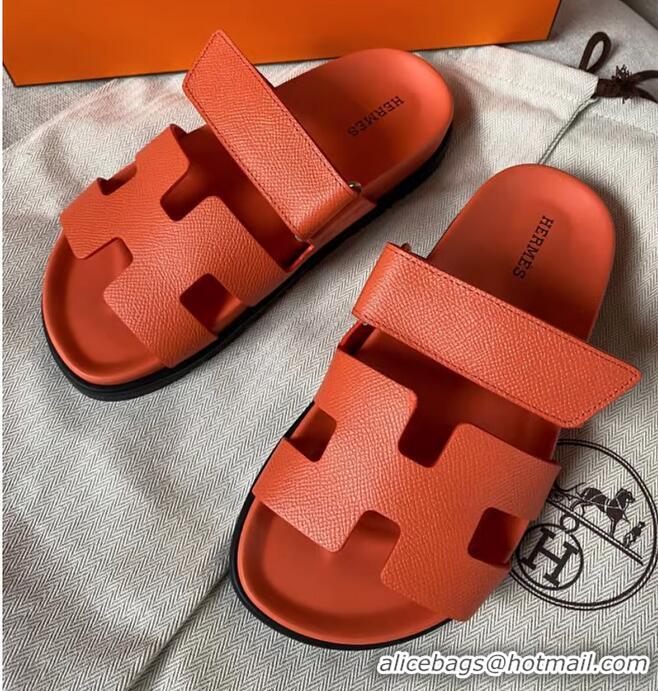 High Quality Hermes Chypre Leather Flat Sandals H8951 Orange