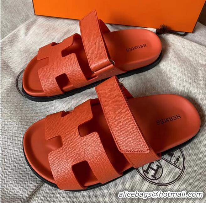 High Quality Hermes Chypre Leather Flat Sandals H8951 Orange