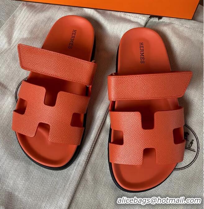 High Quality Hermes Chypre Leather Flat Sandals H8951 Orange