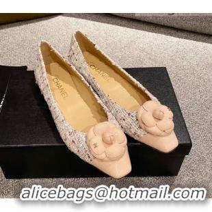 Classic Practical Chanel Tweed Camellia Bloom Ballerinas 112236 Pink