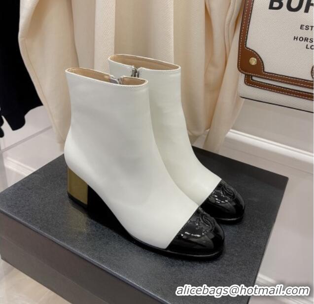 New Style Chanel Leather Metallic Heel Ankle Boots 112241 White/Gold