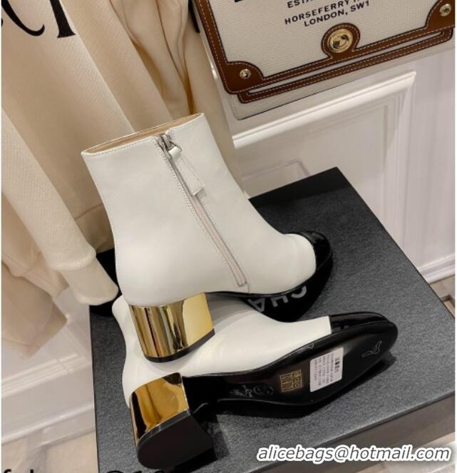 New Style Chanel Leather Metallic Heel Ankle Boots 112241 White/Gold