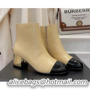 Low Price Chanel Leather Metallic Heel Ankle Boots 112241 Beige/Gold