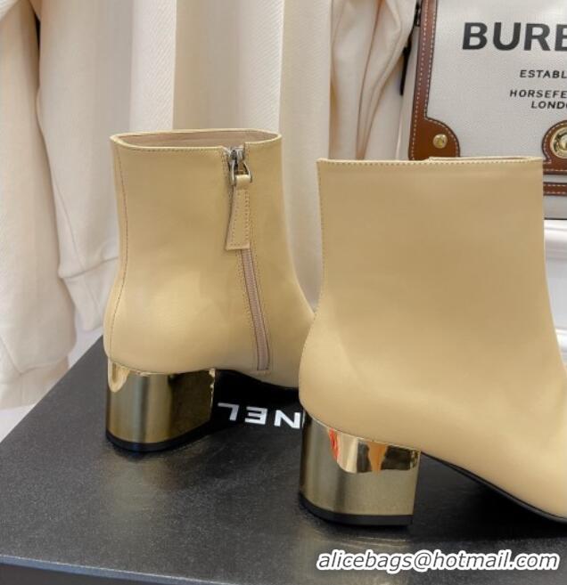 Low Price Chanel Leather Metallic Heel Ankle Boots 112241 Beige/Gold