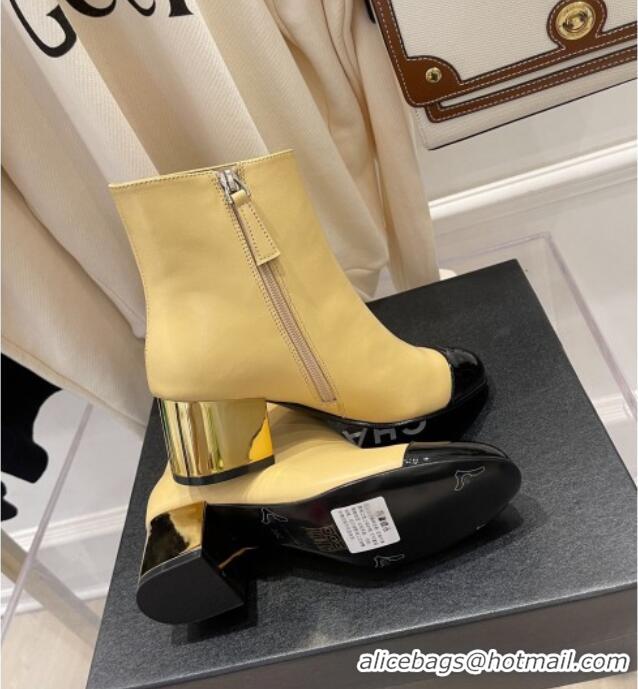 Low Price Chanel Leather Metallic Heel Ankle Boots 112241 Beige/Gold