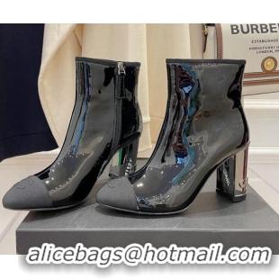 Good Quality Chanel Patent Leather & Grosgrain Ankle Boots 112244 Black/Silver