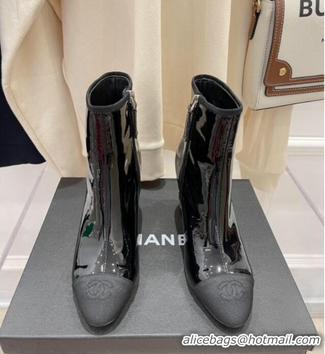 Good Quality Chanel Patent Leather & Grosgrain Ankle Boots 112244 Black/Silver