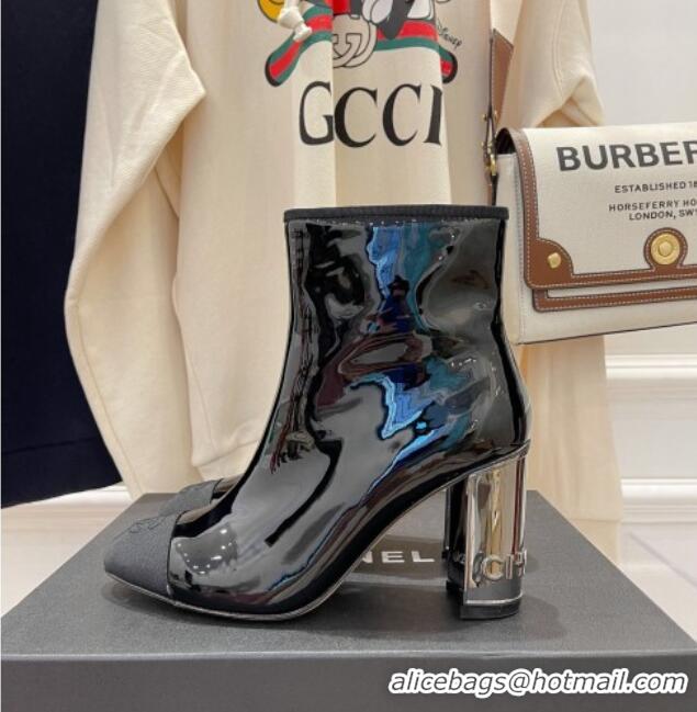 Good Quality Chanel Patent Leather & Grosgrain Ankle Boots 112244 Black/Silver