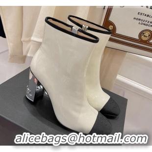 Fashion Chanel Patent Leather & Grosgrain Ankle Boots 112244 White/Silver