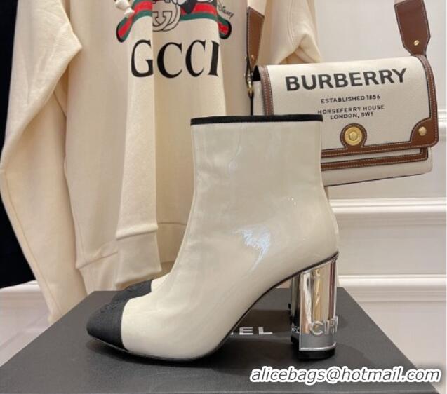 Fashion Chanel Patent Leather & Grosgrain Ankle Boots 112244 White/Silver