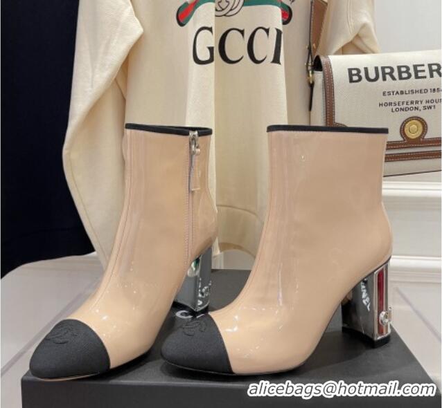 Best Luxury Chanel Patent Leather & Grosgrain Ankle Boots 112244 Nude/Silver