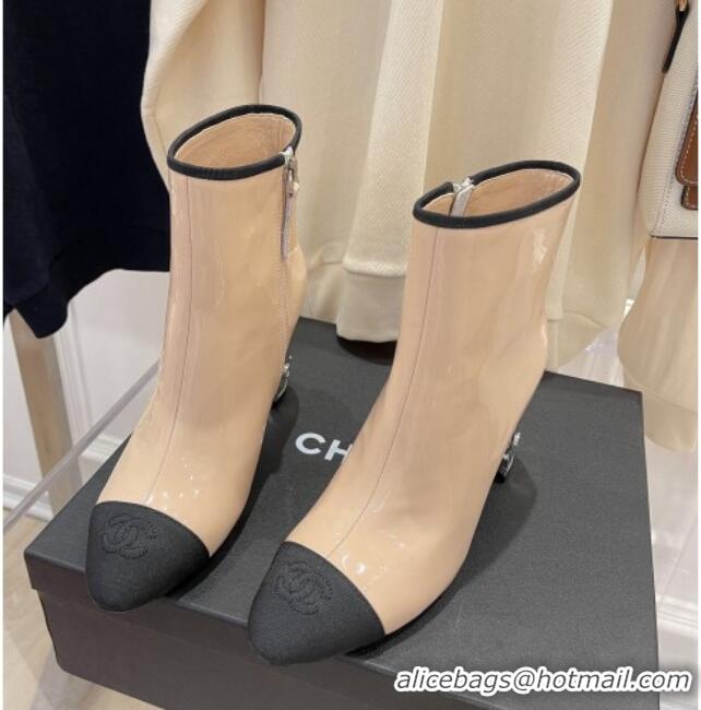 Best Luxury Chanel Patent Leather & Grosgrain Ankle Boots 112244 Nude/Silver