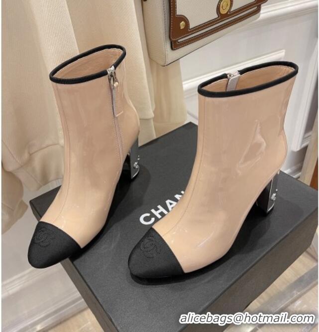 Best Luxury Chanel Patent Leather & Grosgrain Ankle Boots 112244 Nude/Silver