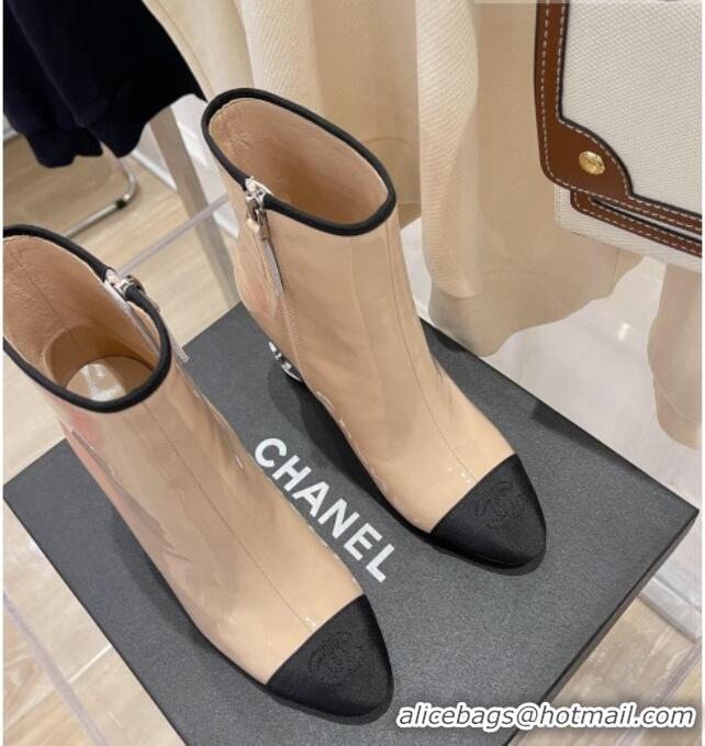 Best Luxury Chanel Patent Leather & Grosgrain Ankle Boots 112244 Nude/Silver