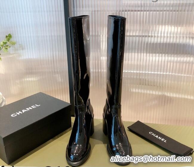 Best Design Chanel Patent Leather High Boots 7cm G38172 Black