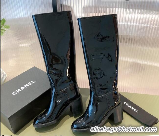 Best Design Chanel Patent Leather High Boots 7cm G38172 Black