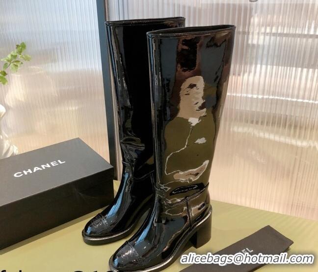 Best Design Chanel Patent Leather High Boots 7cm G38172 Black