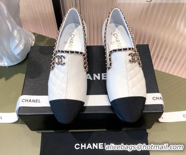 Grade Design Chanel Chain Leather & Grosgrain Asymmetric Loafers 112250 White