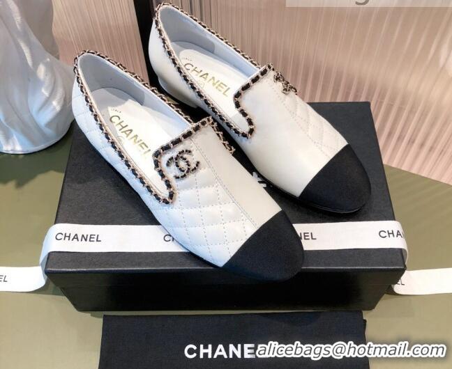 Grade Design Chanel Chain Leather & Grosgrain Asymmetric Loafers 112250 White