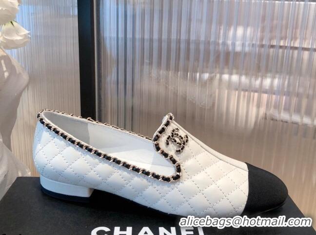 Grade Design Chanel Chain Leather & Grosgrain Asymmetric Loafers 112250 White