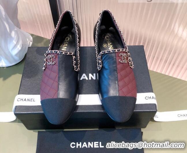 Top Quality Chanel Chain Leather & Grosgrain Asymmetric Loafers 112250 Black/Burgundy